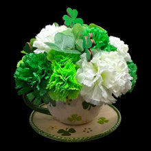 St. Patrick's Day Tea Cup Flower Arrangement with White & Green Carnations and Shamrocks Free Shipping