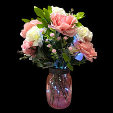 Pink Rose Carnation LED Lighted Flower Arrangement in Country Farmhouse Mason Jar  Easter or Mother's Day Free Shipping