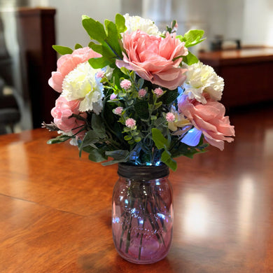 Pink Rose Carnation LED Lighted Flower Arrangement in Country Farmhouse Mason Jar  Easter or Mother's Day Free Shipping