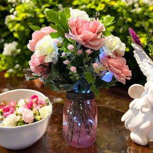 Pink Rose Carnation LED Lighted Flower Arrangement in Country Farmhouse Mason Jar  Easter or Mother's Day Free Shipping