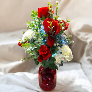 Red Rose Carnation LED Lighted Flower Arrangement in Country Farmhouse Mason Jar  Easter or Mother's Day Free Shipping