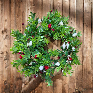 Pillar Candle Centerpiece Arrangement  Greens with Red Pip Berries & Hearts (Free Shipping)