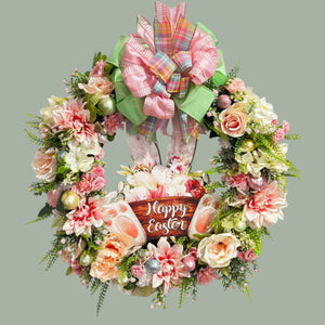Happy Easter Bunny Pink & White Roses & Hydrangea  Front Door Wreath (Free Shipping)