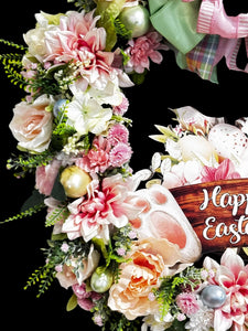 Happy Easter Bunny Pink & White Roses & Hydrangea  Front Door Wreath (Free Shipping)