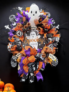 Halloween Ghost Wreath Halloween Swag Wreath Battery Timer Light Spooky Ghost