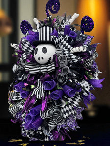 Halloween Jack Swag Wreath  ~ Halloween Front Door Wreath Purple & Black Scary Wreath (Free Shipping)