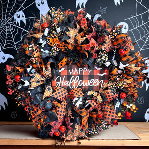 Halloween Wreath "Happy Halloween" Orange & Black Pip Berry Halloween Wreath (Free Shipping)