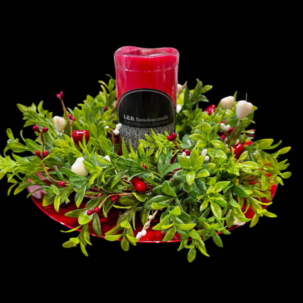 Pillar Candle Centerpiece Arrangement  Greens with Red Pip Berries & Hearts (Free Shipping)
