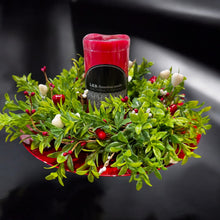 Pillar Candle Centerpiece Arrangement  Greens with Red Pip Berries & Hearts (Free Shipping)