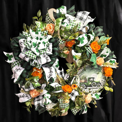 St Patrick's Day Front Door  Wreath with Green Carnations & Gold  Roses