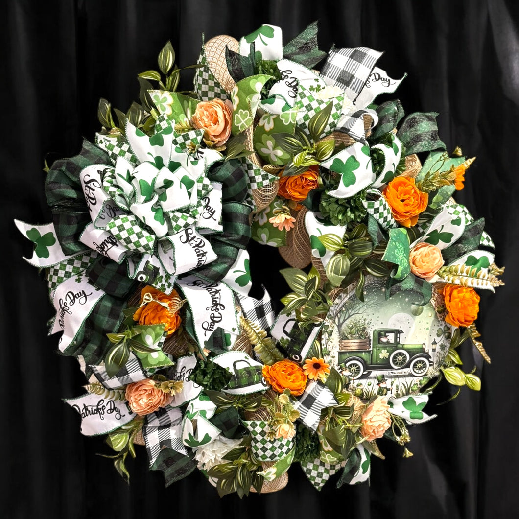 St Patrick's Day Front Door  Wreath with Green Carnations & Gold  Roses