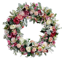 Shabby Chic Victorian Front Door Wreath 20 inch Roses, Carnations & Lamb's Ear