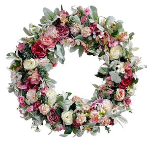 Shabby Chic Victorian Front Door Wreath 20 inch Roses, Carnations & Lamb's Ear