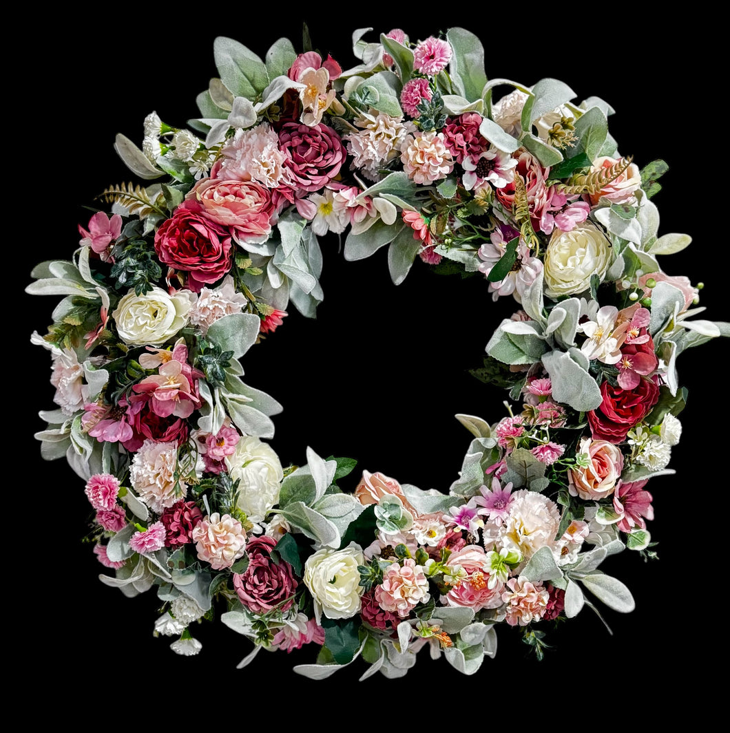 Shabby Chic Victorian Front Door Wreath 20 inch Roses, Carnations & Lamb's Ear