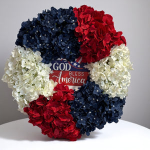Americana Patriotic Hydrangea Front Door Wreath,  God Bless America  Memorial Day 4th of July  Welcome Wreath (Free Shipping)