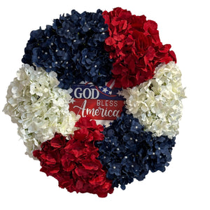 Americana Patriotic Hydrangea Front Door Wreath,  God Bless America  Memorial Day 4th of July  Welcome Wreath (Free Shipping)