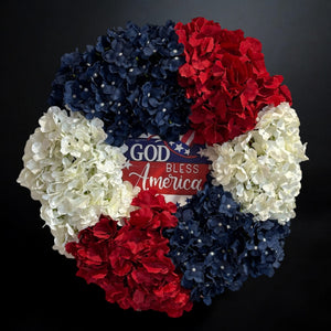Americana Patriotic Hydrangea Front Door Wreath,  God Bless America  Memorial Day 4th of July  Welcome Wreath (Free Shipping)
