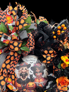 Halloween Witch's Wreath Halloween Good Witches  Handmade Orange & Black Halloween Wreath (Free Shipping)