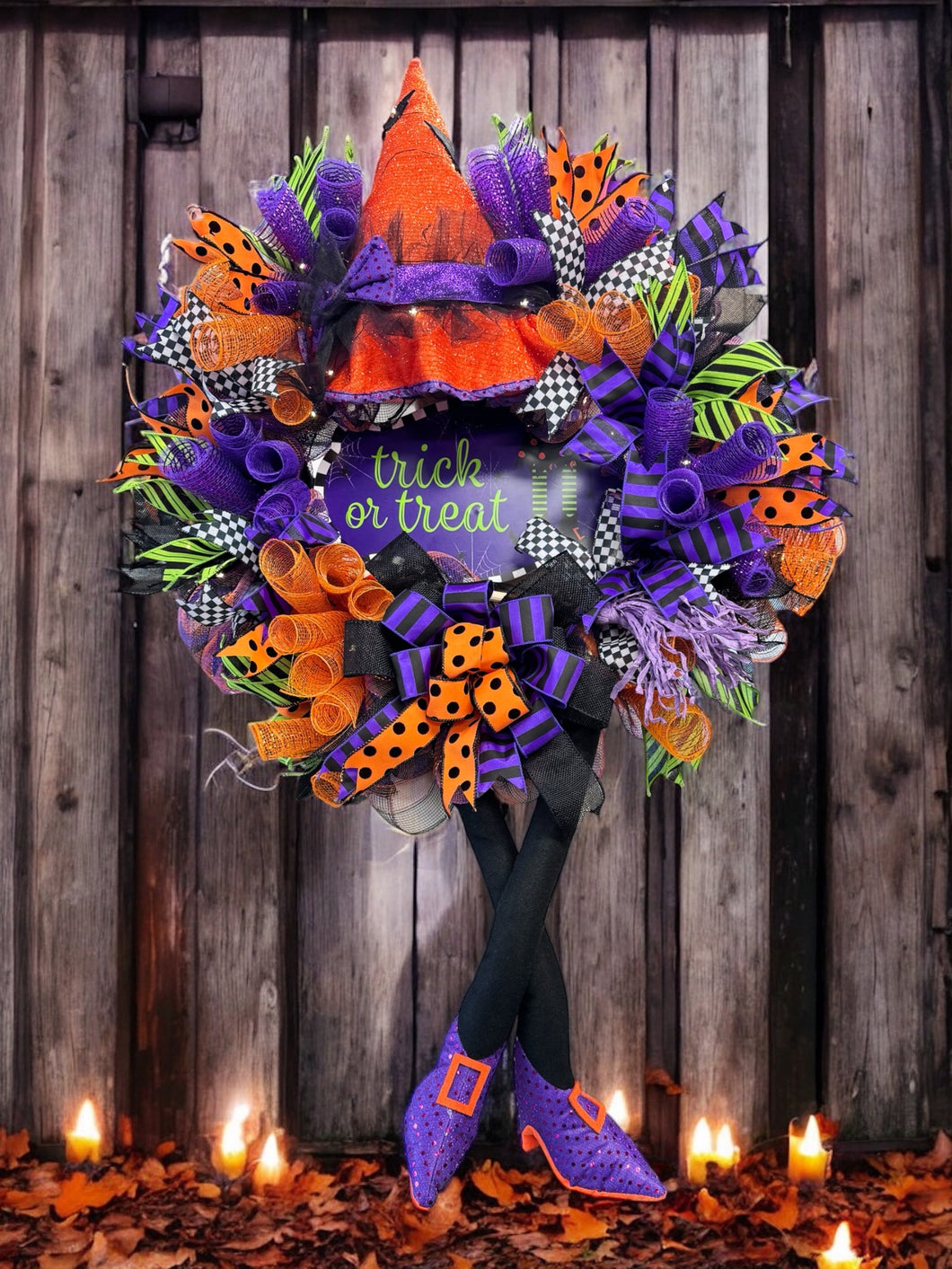 Halloween Witch Wreath Halloween Front Door Wreath  Battery Timer Light  (Free Shipping)