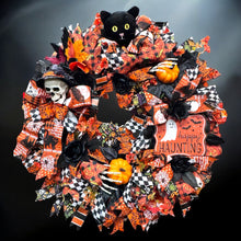 Halloween Wreath Skull  Black Cat Skeleton  Handmade Orange & Black Halloween Wreath (Free Shipping)
