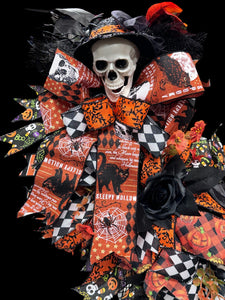 Halloween Wreath Skull  Black Cat Skeleton  Handmade Orange & Black Halloween Wreath (Free Shipping)