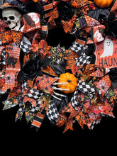 Halloween Wreath Skull  Black Cat Skeleton  Handmade Orange & Black Halloween Wreath (Free Shipping)