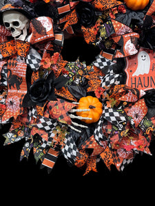 Halloween Wreath Skull  Black Cat Skeleton  Handmade Orange & Black Halloween Wreath (Free Shipping)