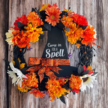 Halloween Witch Wreath,  Halloween Witch's Hat Halloween Wreath, Orange & Black Flowers Halloween Wreath (Free Shipping)