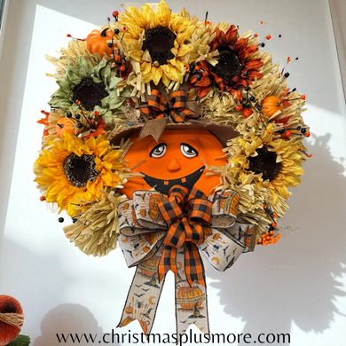 Halloween Jack o Lantern Wreath Sunflower Whimsical Farmhouse  Halloween Wreath