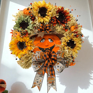 Halloween Jack o Lantern Wreath Sunflower Whimsical Farmhouse  Halloween Wreath