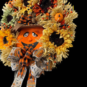 Halloween Jack o Lantern Wreath Sunflower Whimsical Farmhouse  Halloween Wreath