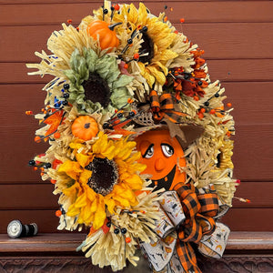 Halloween Jack o Lantern Wreath Sunflower Whimsical Farmhouse  Halloween Wreath