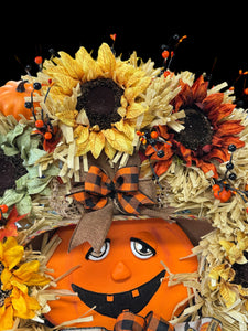 Halloween Jack o Lantern Wreath Sunflower Whimsical Farmhouse  Halloween Wreath