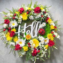 Ladybug Summer Wreath for Front Door, Hello Sign Wreath, Daisy & Red Geranium Farmhouse Door Decor, Ladybug Front Door Wreath