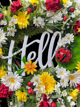 Ladybug Summer Wreath for Front Door, Hello Sign Wreath, Daisy & Red Geranium Farmhouse Door Decor, Ladybug Front Door Wreath