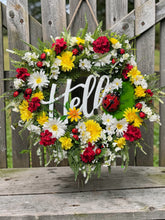 Ladybug Summer Wreath for Front Door, Hello Sign Wreath, Daisy & Red Geranium Farmhouse Door Decor, Ladybug Front Door Wreath