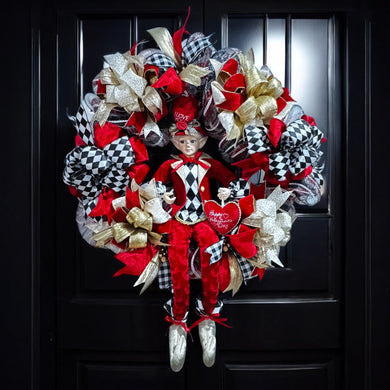 Valentine's Day  Red Front  Door Wreath with Argyle Red and Black Fairy (Free Shipping)