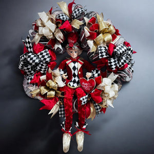 Valentine's Day  Red Front  Door Wreath with Argyle Red and Black Fairy