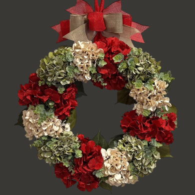 Red Hydrangea Front Door Wreath 21 Inch   Free Shipping