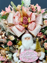 Pink Christmas Wreath with Santa – Luxury Double Door Holiday Swag, Frosted Pine & Berry Deco