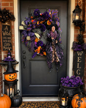 Purple Witch Halloween Wreath – Elegant Gothic Halloween Door Decor with Witch, Glitter Ribbon & Florals