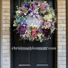 Hello Spring Wreath Set for Double Doors, Purple Ribbon Hydrangea Peony Front Door Wreaths, Farmhouse Spring Decor, Easter Door Decor