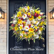 Ladybug Summer Wreath for Front Door, Hello Sign Wreath, Daisy & Red Geranium Farmhouse Door Decor, Ladybug Front Door Wreath