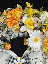 Bumble Bee Wreath for Front Door, Bee Happy Summer Wreath, Yellow Daisy Hydrangea Farmhouse Wreath, 28 Inch Bumblebee Door Decor