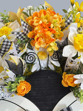 Bumble Bee Wreath for Front Door, Bee Happy Summer Wreath, Yellow Daisy Hydrangea Farmhouse Wreath, 28 Inch Bumblebee Door Decor