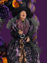 Purple Witch Halloween Wreath – Elegant Gothic Halloween Door Decor with Witch, Glitter Ribbon & Florals