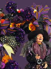 Purple Witch Halloween Wreath – Elegant Gothic Halloween Door Decor with Witch, Glitter Ribbon & Florals