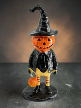 Halloween Pumpkin Witch Figurine – 3D Pumpkin Man with Witch Hat, 7 Inch Tabletop Décor