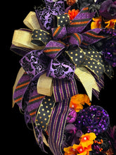 Purple Witch Halloween Wreath – Elegant Gothic Halloween Door Decor with Witch, Glitter Ribbon & Florals