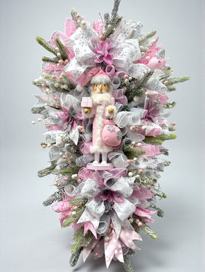 Pink & Silver Nutcracker Christmas Swag Wreath With Silver Bells  Free Shipping